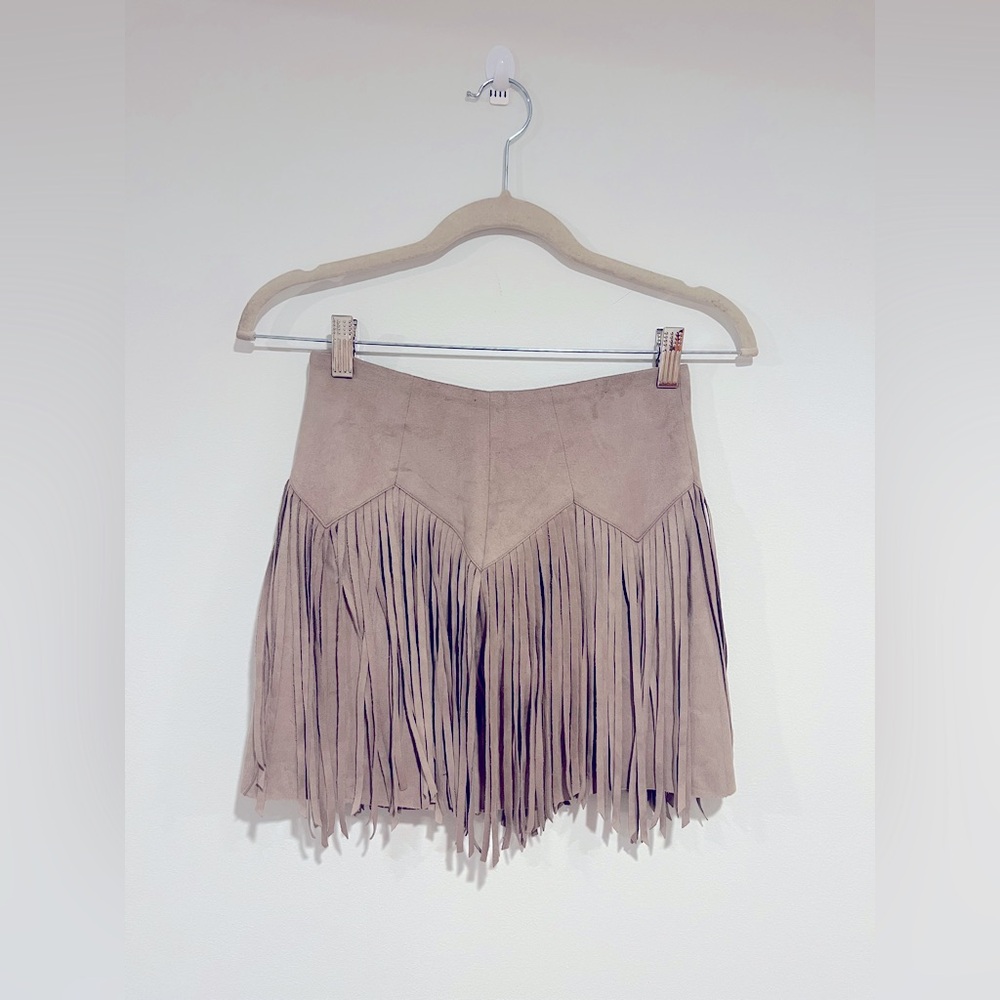 bebe Beige Fringe Mini Skirt